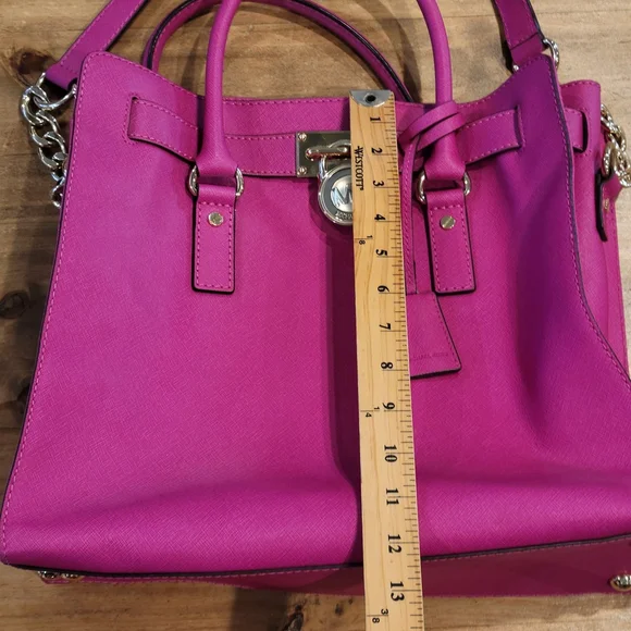 Michael Kors Hamilton Large Satchel Hot Pink Fuchsia Saffiano Leather Lock Bag